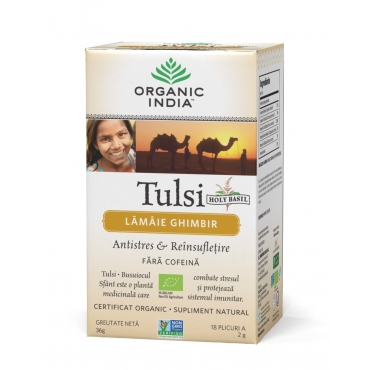 Ceai Tulsi (Busuioc Sfant) cu Lamaie si Ghimbir, Antistres Natural & Reinsufletire, plicuri, Organic India