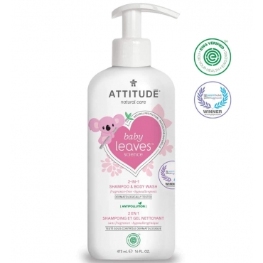 2 in 1 Sampon si Gel de dus, Baby Leaves, fara miros, pt. bebelusi, Attitude, 473 ml