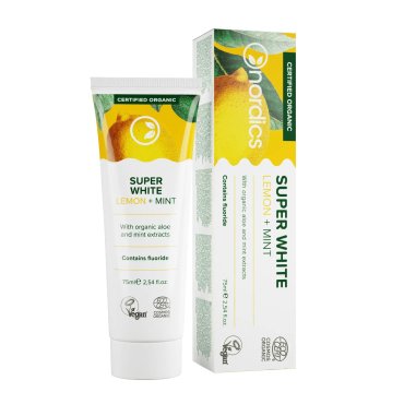  Pasta de dinti organica cu fluor, lamaie si menta, pt. albirea dintilor, Nordics, 75 ml