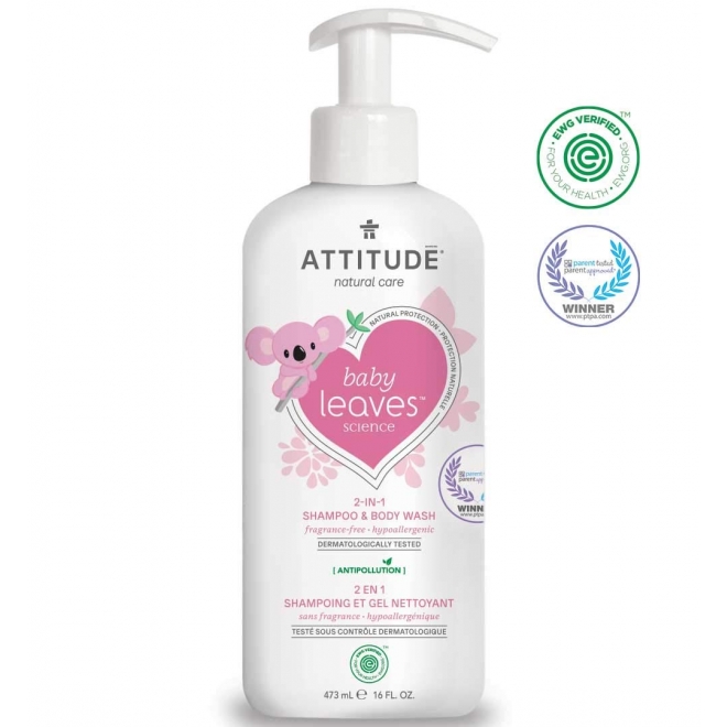 2 in 1 Sampon si Gel de dus, Baby Leaves, fara miros, pt. bebelusi, Attitude, 473 ml