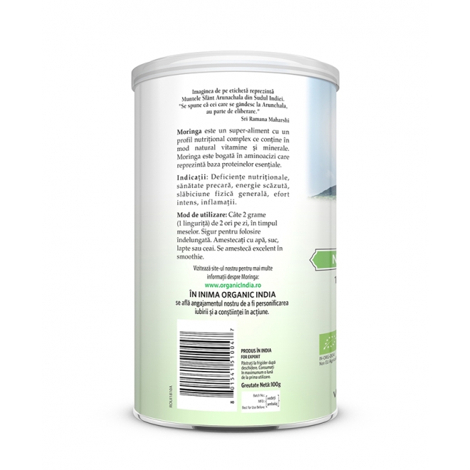 Moringa pudra, nutritie esentiala, Organic India, 100g