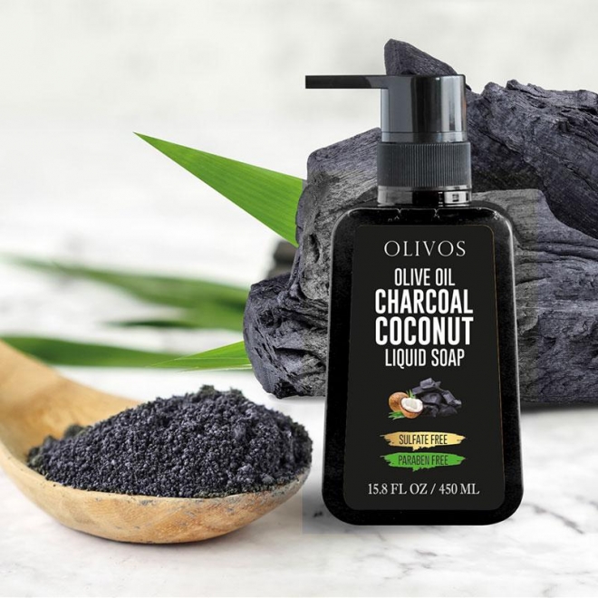 Sapun lichid cu ulei de masline, carbune activ si nuca de cocos, pt fata si corp Olivos, 450 ml