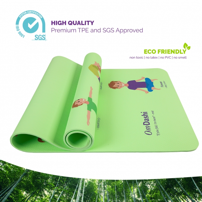 Saltea yoga pt copii, 153x61x0.6cm TPE  printata UV 9 posturi yoga, eco-friendly , non-toxic, OmDashi