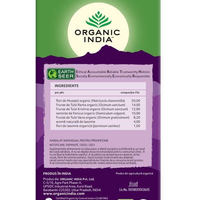 Ceai Tulsi (Busuioc Sfant) Iasomie, Ceai Adaptogen Antistres & Calmant, Organic India, 25 plicuri