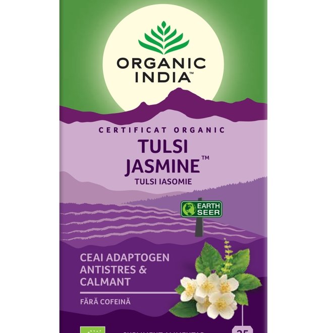 Ceai Tulsi (Busuioc Sfant) Iasomie, Ceai Adaptogen Antistres & Calmant, Organic India, 25 plicuri