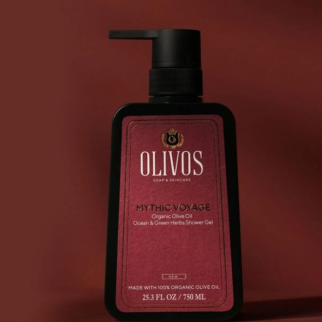 Gel de dus Mythic Voyage cu ulei de masline si parfum proaspat de ocean si plante verzi, Olivos, 750 ml